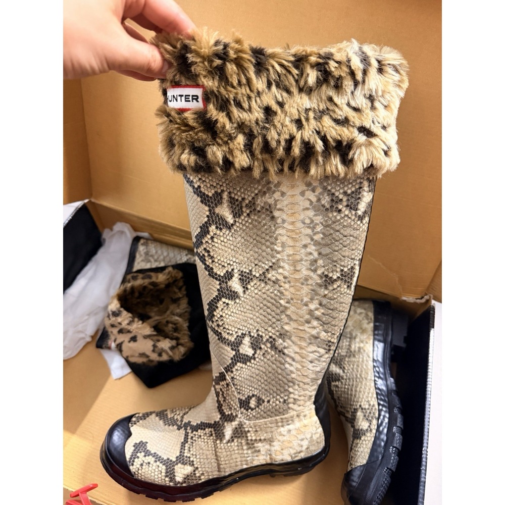 Hunter Carnaby Snake Tall Rain Boots Snake Print Faux Fur Cuff Women Size 8 - Picture 9 of 13